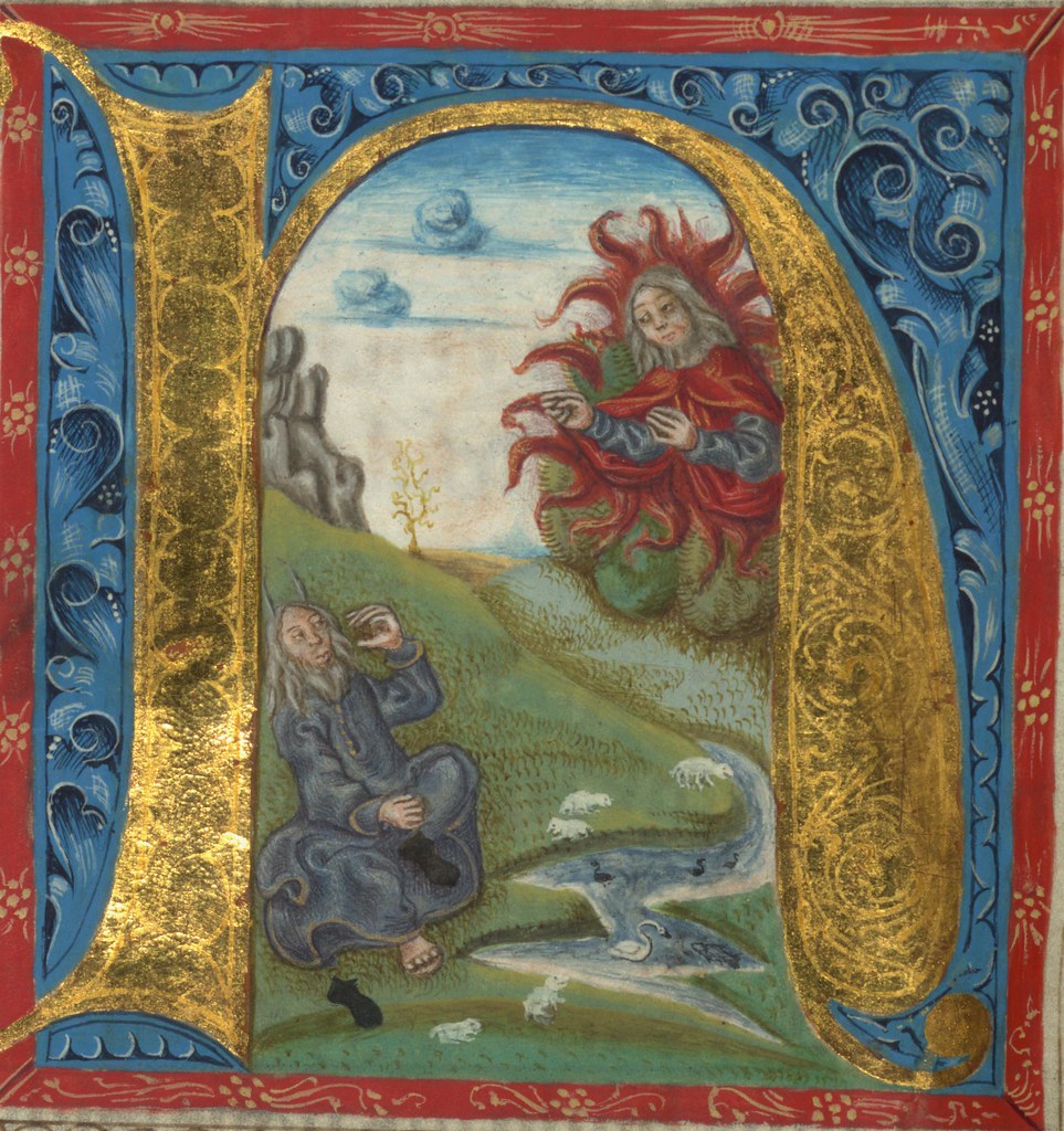 Illuminated Manuscript, Bible (part), Moses before the burning bush, Walters Manuscript W.805, fol. 37v detail