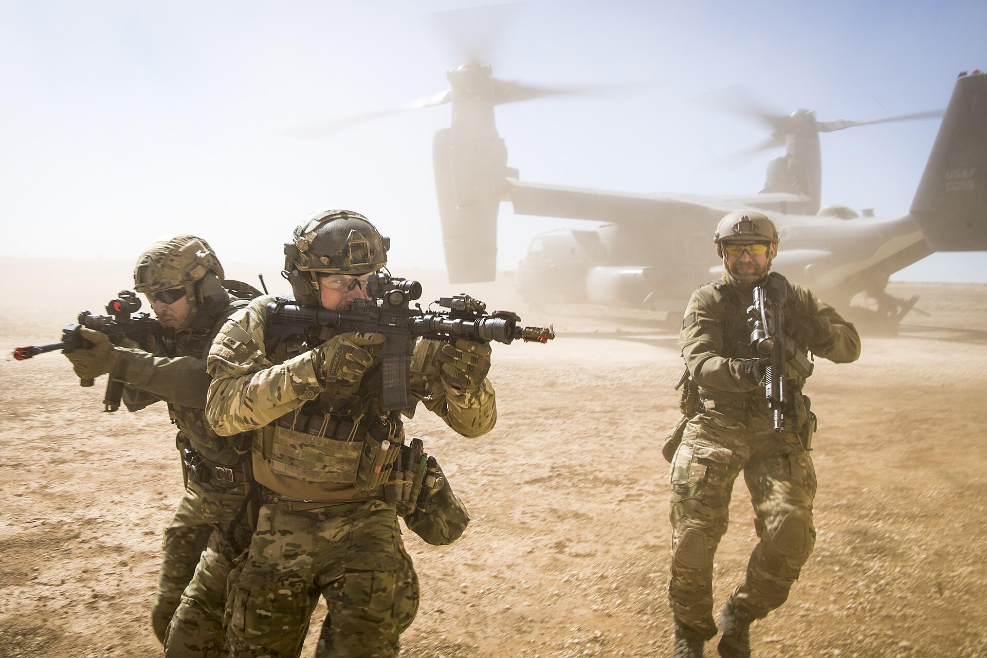 Joint special forces team deploying from a CV-22